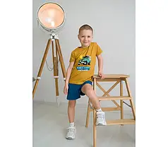 Літній комплект для хлопчика футболка з принтом Машина і шорти Кулір Горчичний ріст 122-128 см 2161
