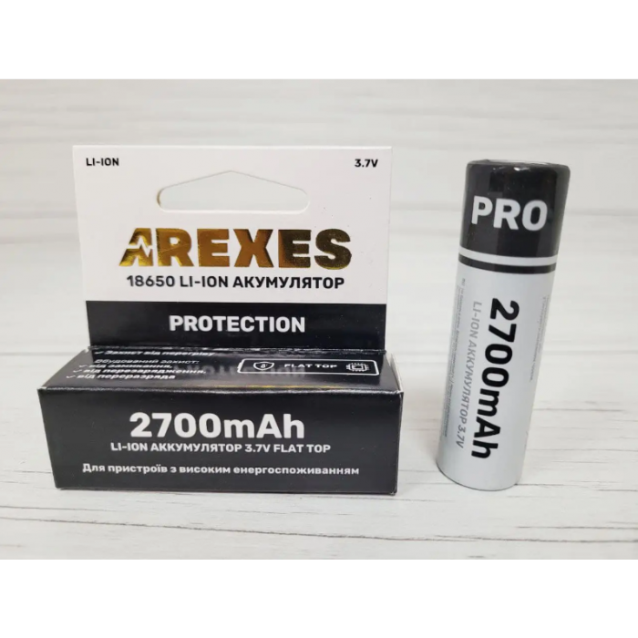 Літій-іонний акумулятор Arexes 18650 Li-Ion 2700 mAh, 3.7V захист Чорний, фото 1
