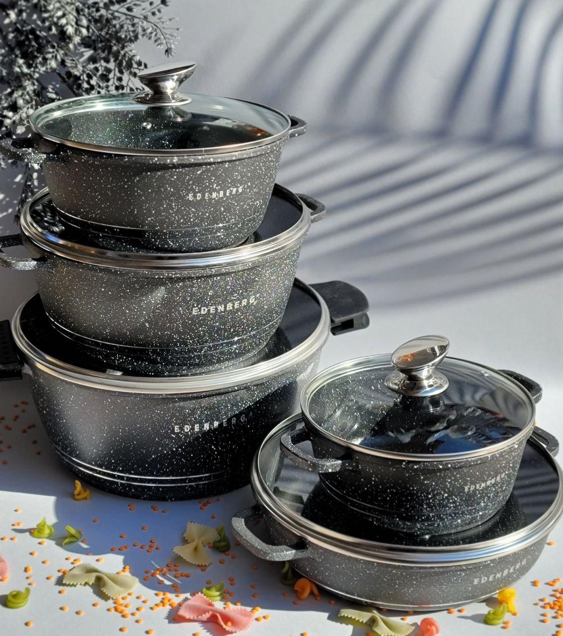 Набір казанів з мармуровим антипригарним покриттям Edenberg EB-12911 10 предметів Індукційне дно, фото 1