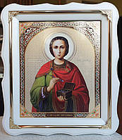 Ікона Пантелеймона цілителя в білій фігурній рамі для дому 30*26см