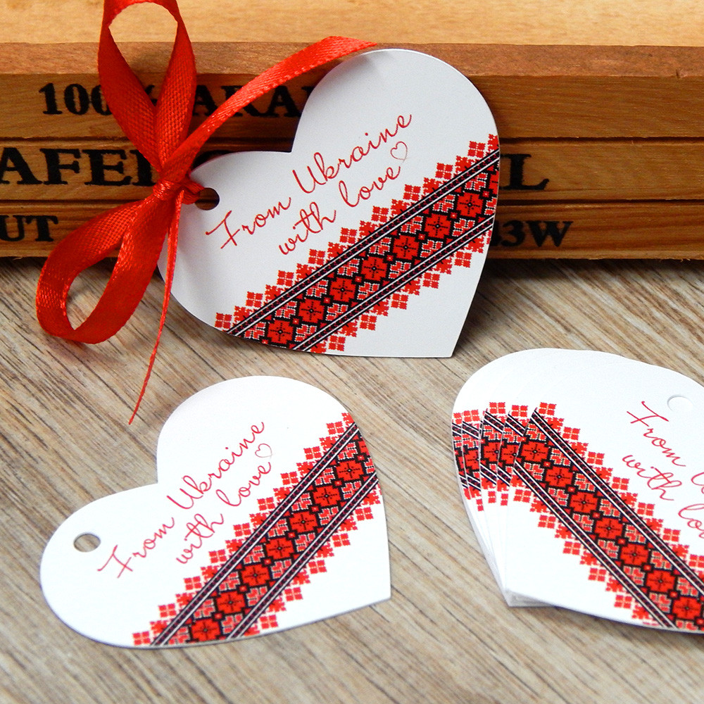 Бірка паперова серце "From Ukraine with love", 6х5 см