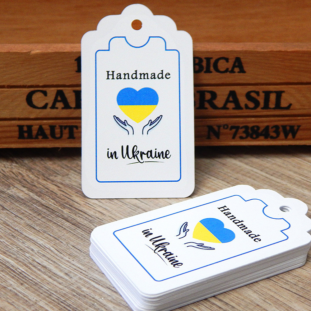 Бірка паперова, тег "Handmade in Ukraine" 7х4 см