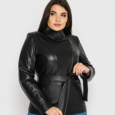 Кожана куртка жіноча VK з косою блискавкою чорна (Арт. LAN3-201-2)