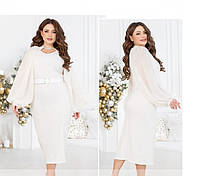 Женское прямое платье с поясом и шифоновыми рукавами 56, Белый