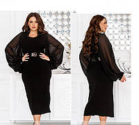 Женское прямое платье с поясом и шифоновыми рукавами 56, Черный