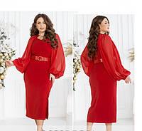 Женское прямое платье с поясом и шифоновыми рукавами 46, Красный