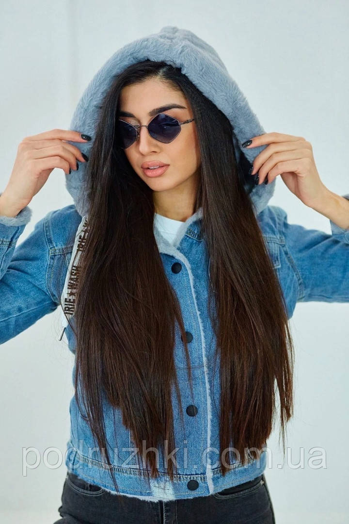 Молодежная Куртка Джинсовка на Меху с Капюшоном Ткань Джинс ...