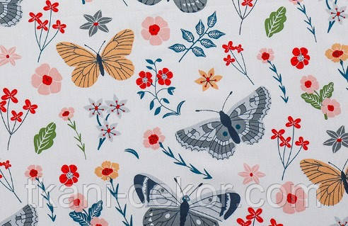 Сатин (бавовна) метелики сірі у кольорах, ширина 160 см, щільність 120 г/м2, фото 1