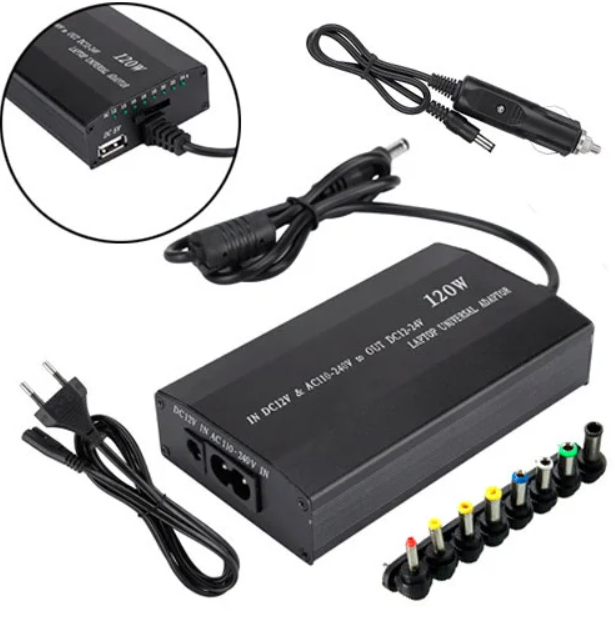 Універсальний зарядний пристрій від мережі та від прикурювача для ноутбуків із 8 насадками DC 12-24 V 120ват