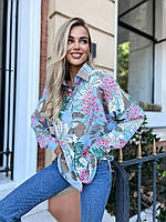 Жіноча принтована сорочка оверсайз у молодіжному стилі повсякденна з легкої тканини (р. 42-48) 73BL1018