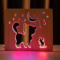 Светильник ночник ArtEco Light из дерева LED "Кот и мышка под луной" с пультом и регулировкой цвета, двойной