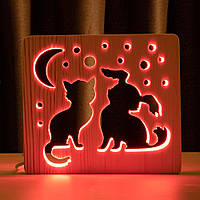 Світильник нічник ArtEco Light з дерева LED "Кіт і собачка" з пультом і регулюванням кольору, RGB