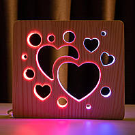 Світильник-нічник ArtEco Light з дерева LED "Сердечка" з пультом і регулюванням кольору, подвійним RGB