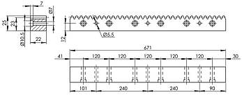 Рейка прямозуба сталева SRB1.25-22x25-671 (модуль 1.25, перетин 22х25 мм, довжина 671 мм) зубчата рейка, фото 2