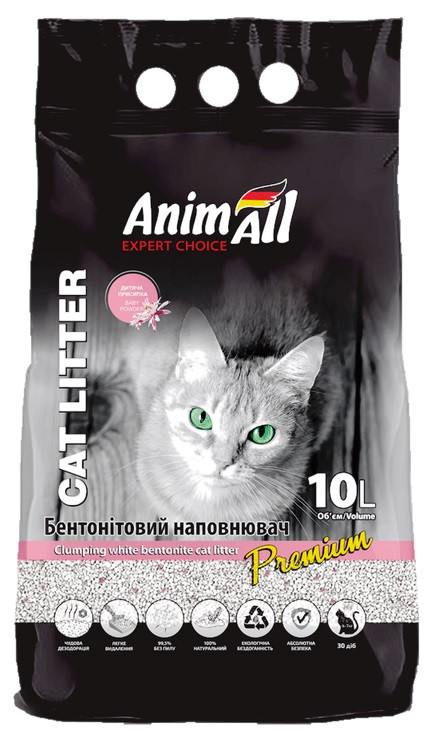 Наповнювач для котів 10 л Бентонітовий білий Animall з ароматом дитячої пудри, фото 1