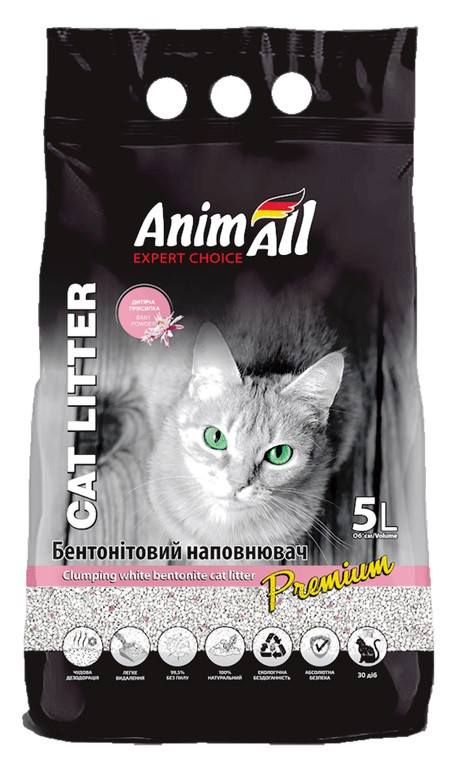 Наповнювач Animall для котів Бентонітовий білий з ароматом дитячої пудри 5 л,144571