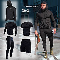 Мужской компрессионный костюм Under Armour 5в1 : Рашгард, шорты, леггинсы, футболка, худи. Комплект.
