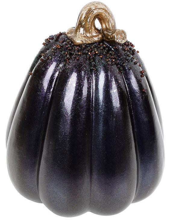 Декоративна фігура "Гарбуз" 13х13х16.5см greenpharm, полістоун, баклажан з золотом і бісером, фото 1