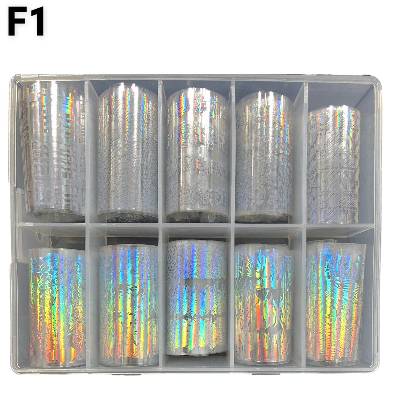 Набір фольги "Голограмма" №F1 у рулоні та прозорій коробочці (10 шт. у боксі) для дизайну нігтів, фото 1