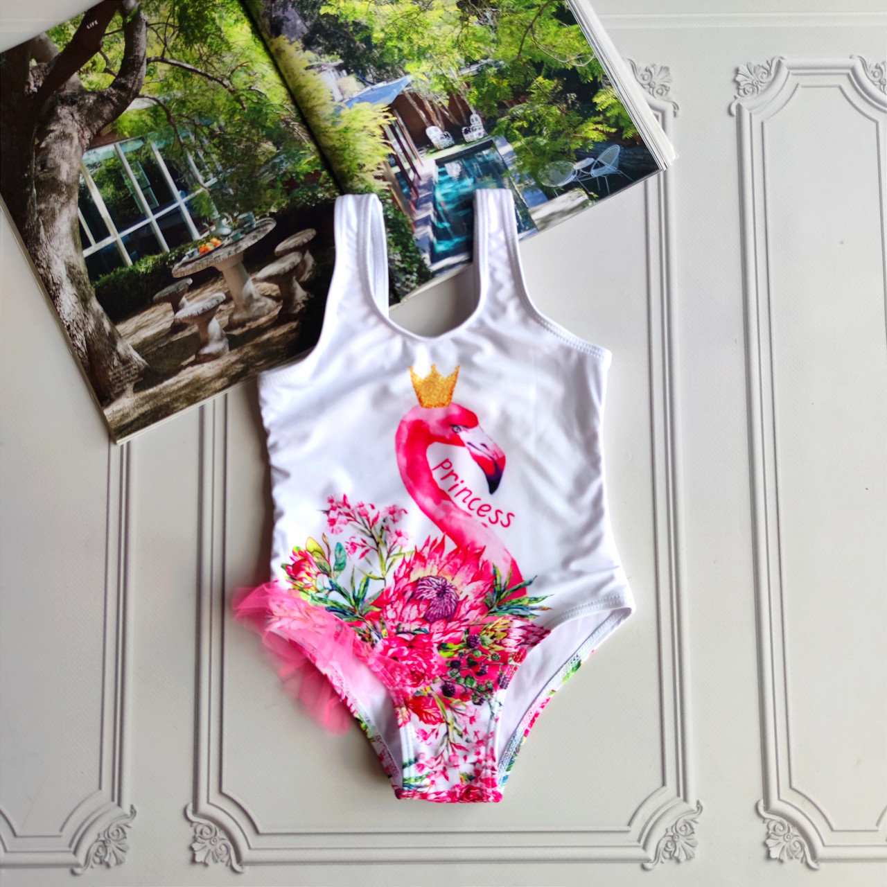 Дитячий білий суцільний купальник Фламінго, фото 1