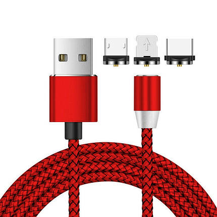 Кабель магнітний 3в1 Type-C Lightning Micro 1 м 2.4 А червоний Puluz SYA001077101B, фото 1