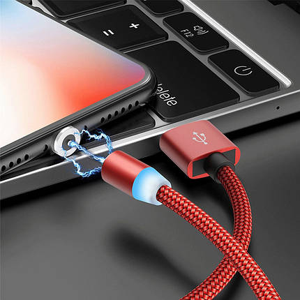 Кабель магнітний 3в1 Type-C Lightning Micro 1 м 2.4 А червоний Puluz SYA001077101B, фото 4