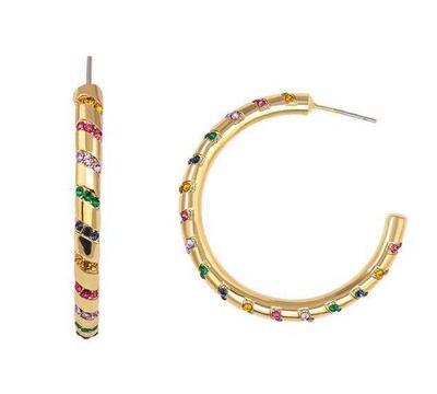 Яскраві сережки-кільця з різнобарвними фіанітами, фото 1