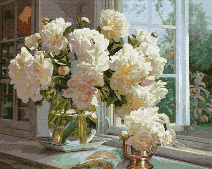 Картина за номерами "Півонії на вікні", півонії картина в цифрах, Квіти Натюрморт 40х50см Розмальовка Rainbow Art, фото 1