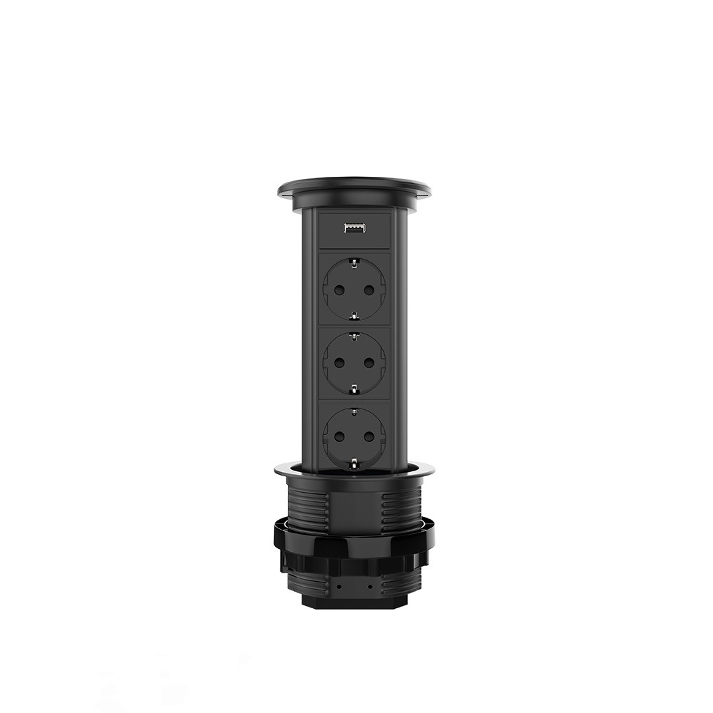 Висувна розетка з трьох розеток та USB Livolo чорний (VL-SHS021-FCTC-B)