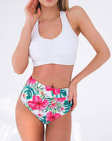 Жіночий стильний Роздільний купальник, Пляжний з високою посадкою модний з Пуш ап Білий з квіточками Світлий M