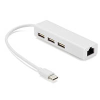 Хаб-конвертор Type-C to Ethernet Мережевий адаптер 10/100Mbps з дротом + 3 порти USB2.0, White, Blister-Box