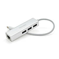 Хаб-конвертор Type-C to Ethernet VEGGIEG U3J-3C-S - Сетевой адаптер 100/100Mbps с проводом + 3 порта USB3.0,