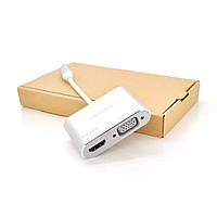 Хаб-конвертор VEGGIEG Type-C (папа) на VGA(мама) + HDMI(мама), 10 см, Silver, Box