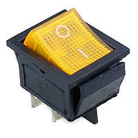 Переключатель клавишный КП-2и-220В 4 контакта, 2 положения с фиксацией "вкл-выкл", с подсветкой, желтый