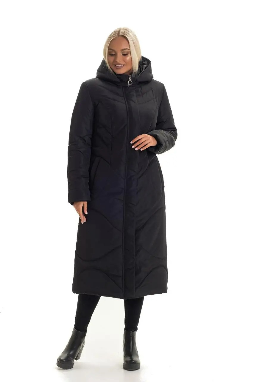 Довгий жіночий зимовий чорний пуховік батальних розмірів, фото 1