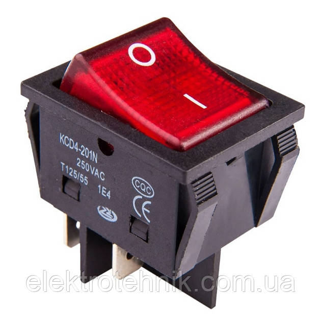 Перемикач клавішний (рокерний) КП-2і, 220 В, 30 А, 4 контакти, ON/OFF, з фіксацією та підсвічуванням