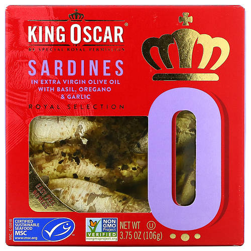 Купити King Oscar, Sardines In Extra Virgin Olive Oil with Basil, Oregano & Garlic, 3.75 oz