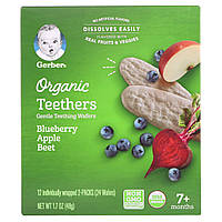 Gerber, Organic Teethers, вафли для мягкого прорезывания зубов, для малышей от 7 месяцев, черника, яблоко и