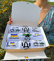 Набір чоловічих шкарпеток з українською символікою ЗСУ на 9 пар 40-45 весна-осінь у подарунковій коробці білі