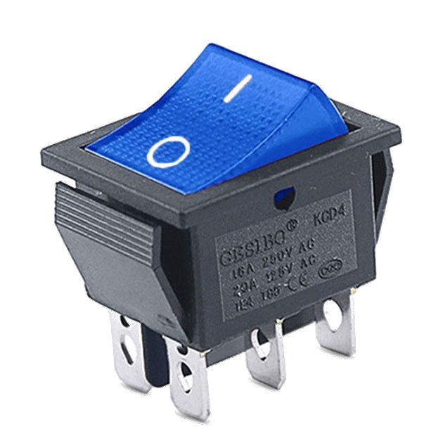 Перемикач клавішний КП-45и-220В 6 контактів, 2 положення з фіксацією "вкл-вкл", з підсвічуванням синій