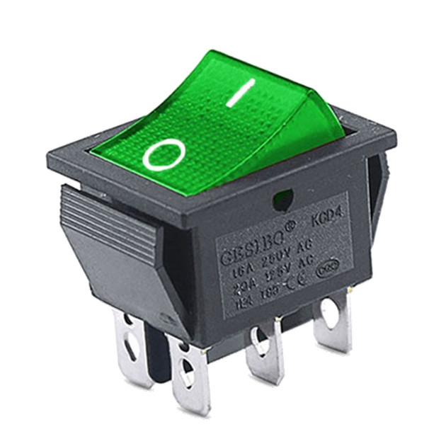Перемикач клавішний КП-45і-220 В 6 контактів, 2 положення з фіксацією "вмик-вмик", з підсвіткою зелений