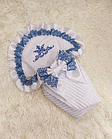 Зимний плюшевый конверт одеяло, вышивка "Корона", белый с синим