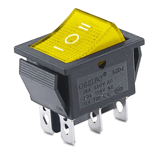 Перемикач клавішний КП-51и-220В 6 контактів, 3 положення з фіксацією "вкл-викл-вкл", з підсвічуванням жовтий