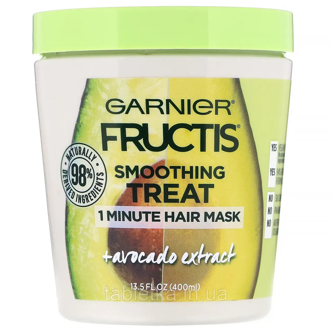 Garnier, Fructis, 1-хвилинна розгладжувальна маска для волосся, з екстрактом авокадо, 400 мл
