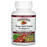 Natural Factors, экстракт косточек винограда, 100 мг, 60 растительных капсул Днепр
