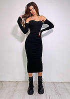 Красивое женское платье миди в рубчик с чашками эффект push up и открытыми плечами Smb7565