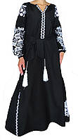 Жіноче чорне максі плаття вишиванка бохо з білою багатою вишивкою