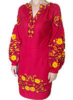 Жіноче червоне плаття вишиванка бохо з багатою вишивкою Квітка сонця (розмір S)