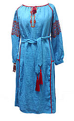 Жіноче льняне плаття вишиванка бохо голубе. 46 розмір