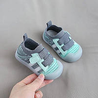 Маленькі кросівки для дівчат і хлопчиків на липучці, кеди для малюків, колір сірий з бірюзою